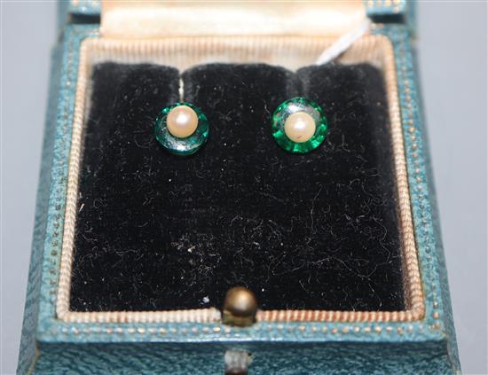 A cased pair of cultured pearl pearl and green paste? ear studs.